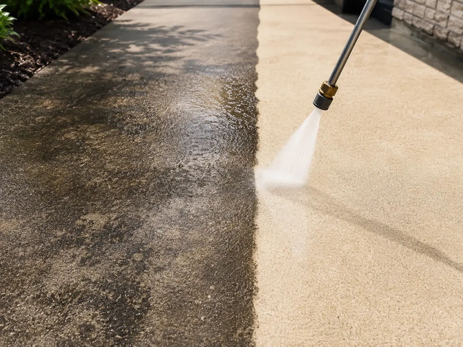 Professional pressure washing cleaning a residential driveway in Houston Texas